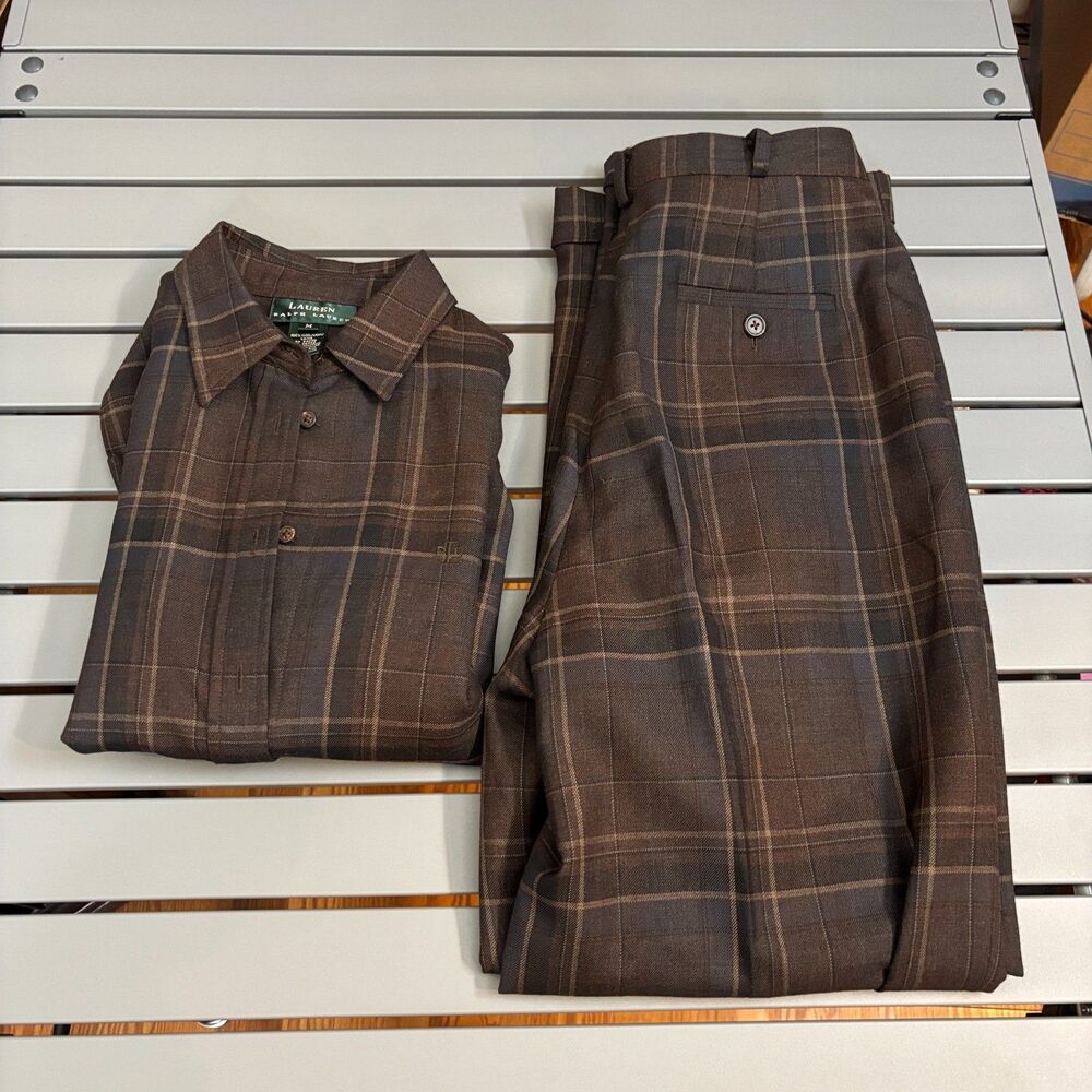 Lauren Ralph Lauren 2 Piece Shirt & Pants Womens M/8 Brown Plaid Wool Button Up - Picture 3 of 16